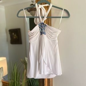 White strapless top with blue Rhinestones